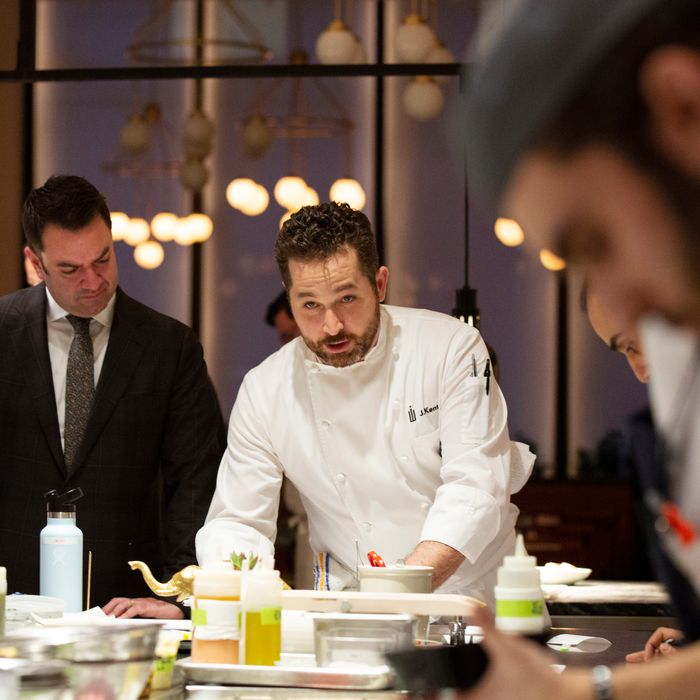 The chef James Kent, right, with his business partner Jeff Katz, left, in the kitchen of Crown Shy in New York, March 14, 2019. (Caitlin Ochs/The New York Times)